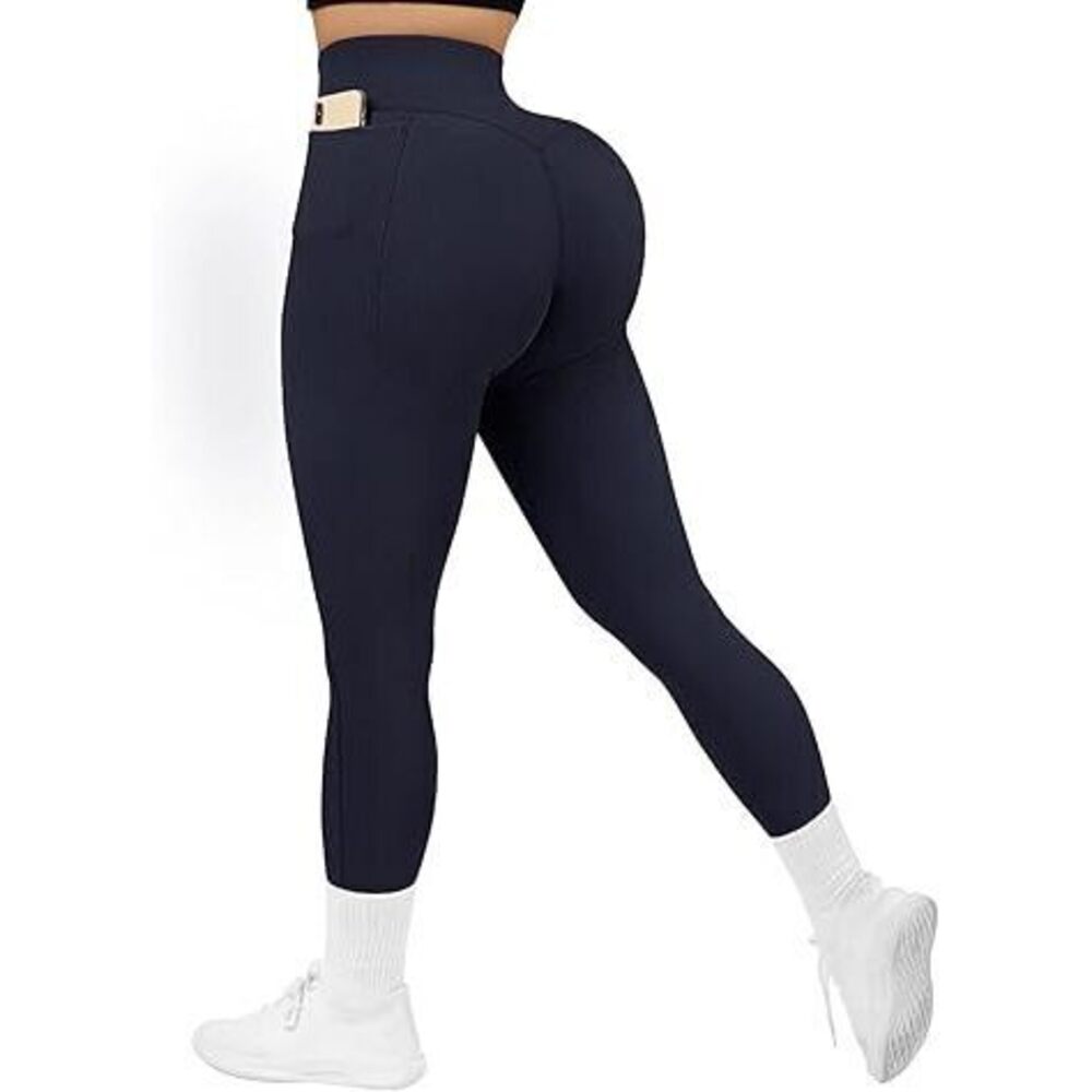 Women Ribbed Workout Leggings With Pockets Butt Lifting High Waisted Yoga Pants